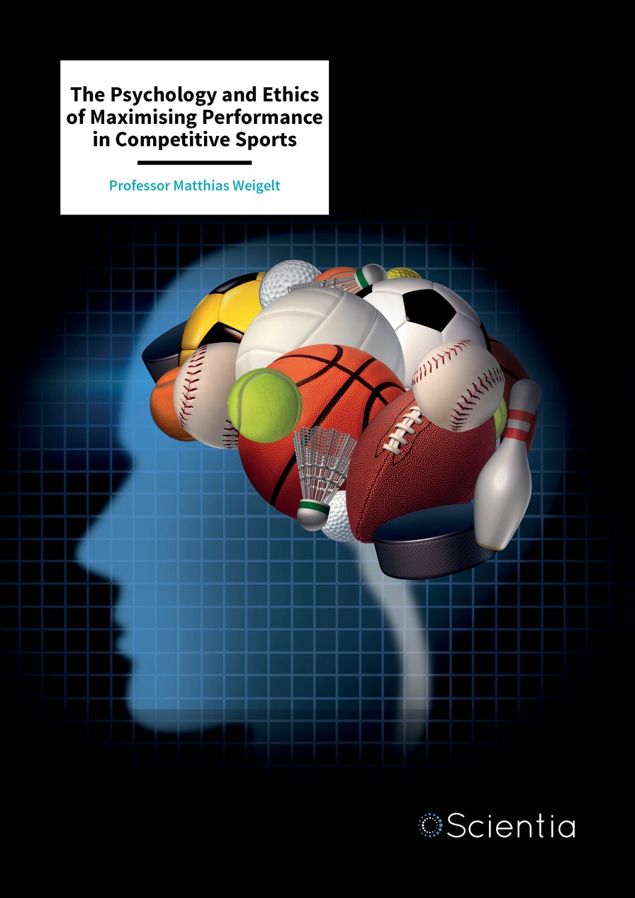 Omslaget till en akademisk publikation om idrottspsykologi, 'The Psychology and Ethics of Maximising Performance in Competitive Sports', med en hjärna gjord av sportutrustning. Detta symboliserar den vetenskapliga grunden för mental träning.