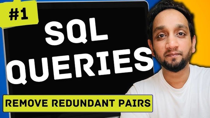 Man framför skärm med text om SQL-frågor och borttagning av redundanta par.