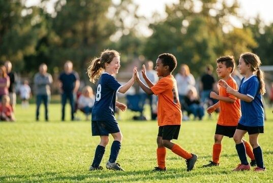 Barn fotbollsspelare ger varandra high five på en gräsplan